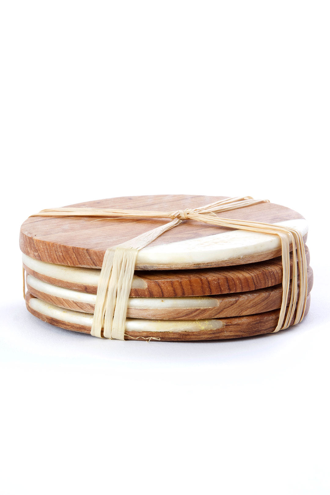 Set of 4 Olive Wood Coasters with White Bone Inlay