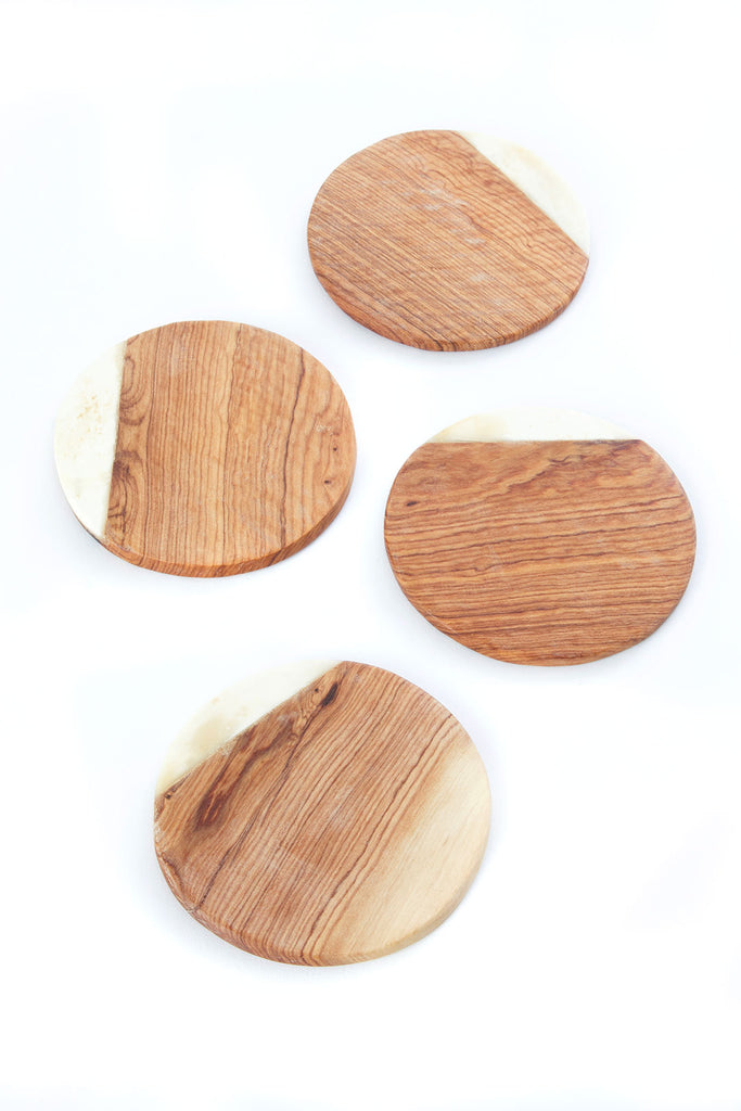 Set of Four Olive Wood Coasters with White Bone Inlay