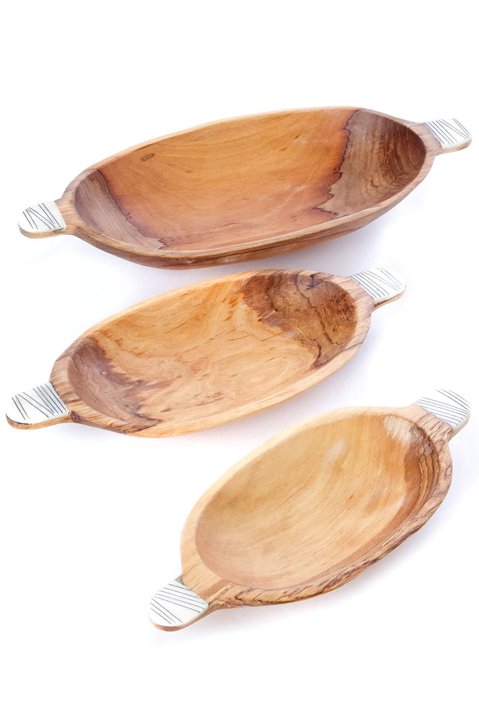 Set of Three Oval Olive Wood Bowls with Striped Bone Handles
