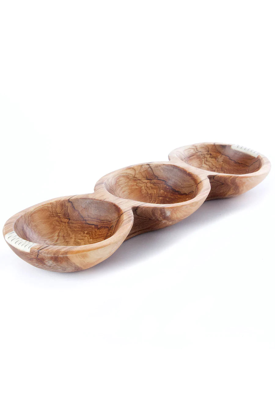 Olive Wood Triple Well Serving Bowl with Bone Inlay