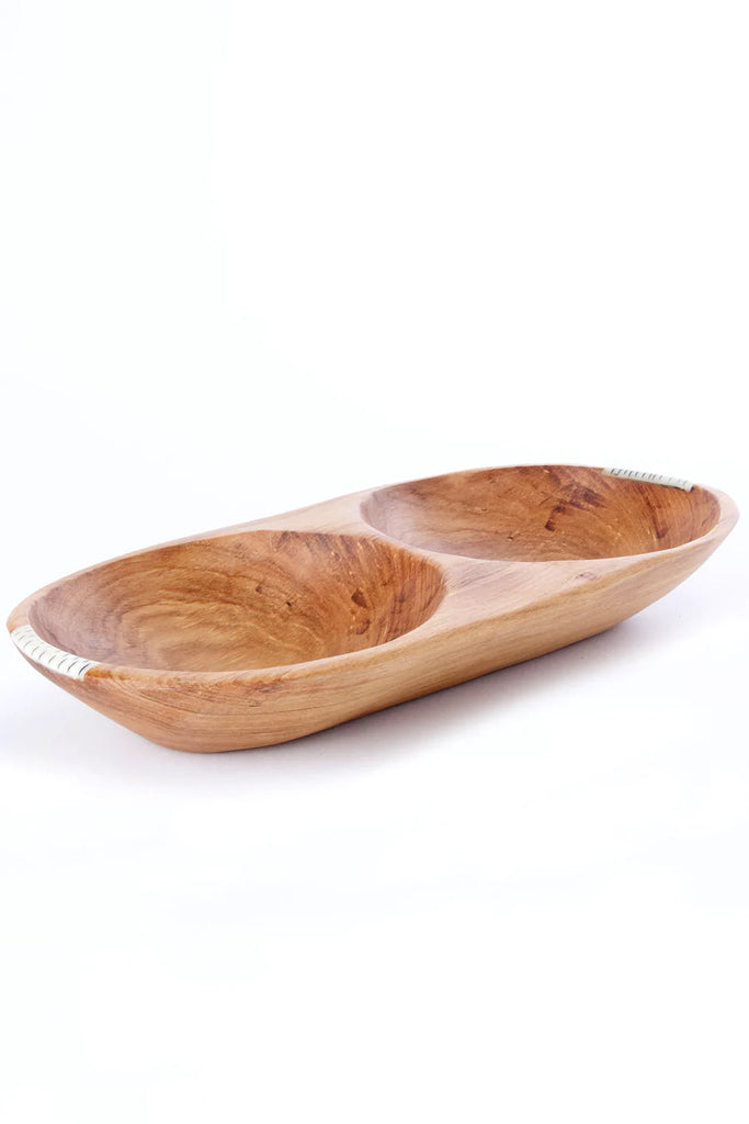 Olive Wood Double Serving Bowl with Bone Inlay