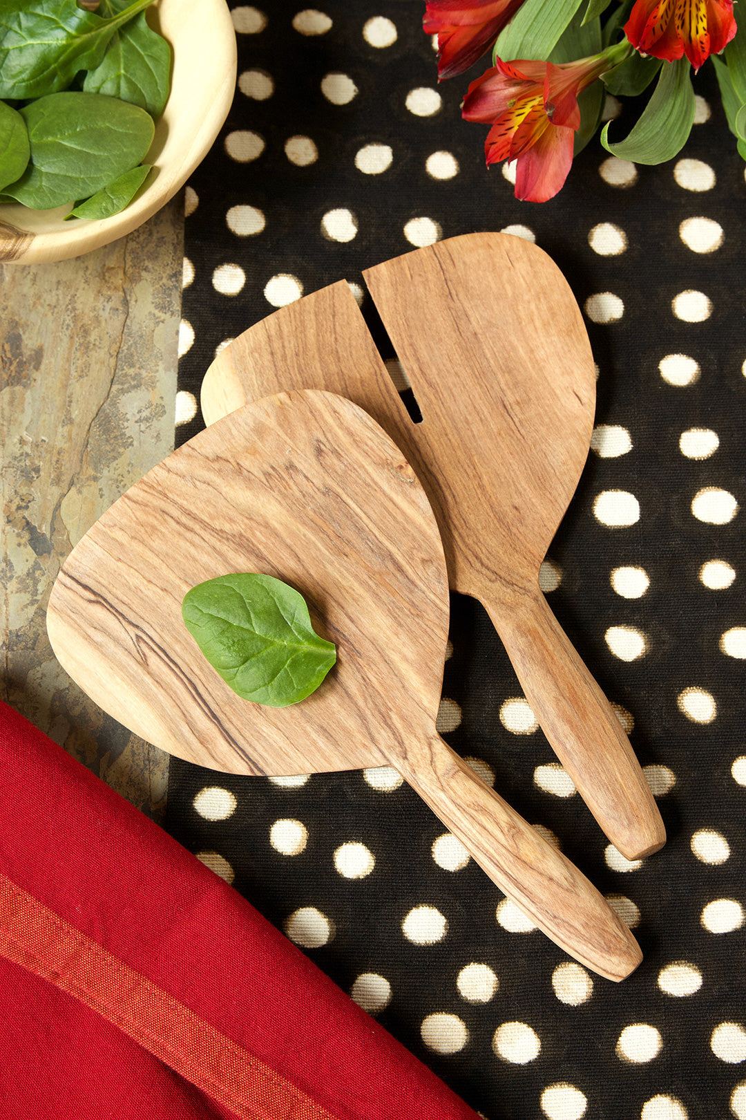 Wild Olive Wood Ginkgo Leaf Salad Server Set Default Title