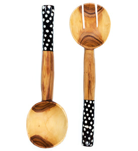 African Wood Salad Servers with Dotted Batik Handles