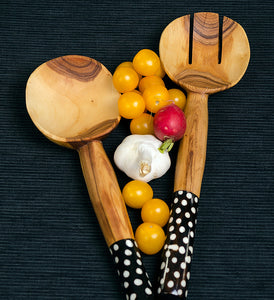 African Wood Salad Servers with Dotted Batik Handles