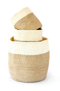 Set of 3 Beige and Cream Twill Sisal Nesting Baskets
