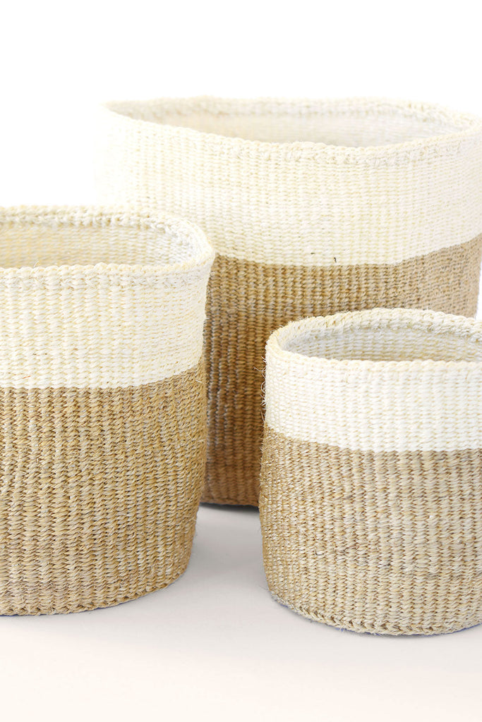 Set of 3 Beige and Cream Twill Sisal Nesting Baskets