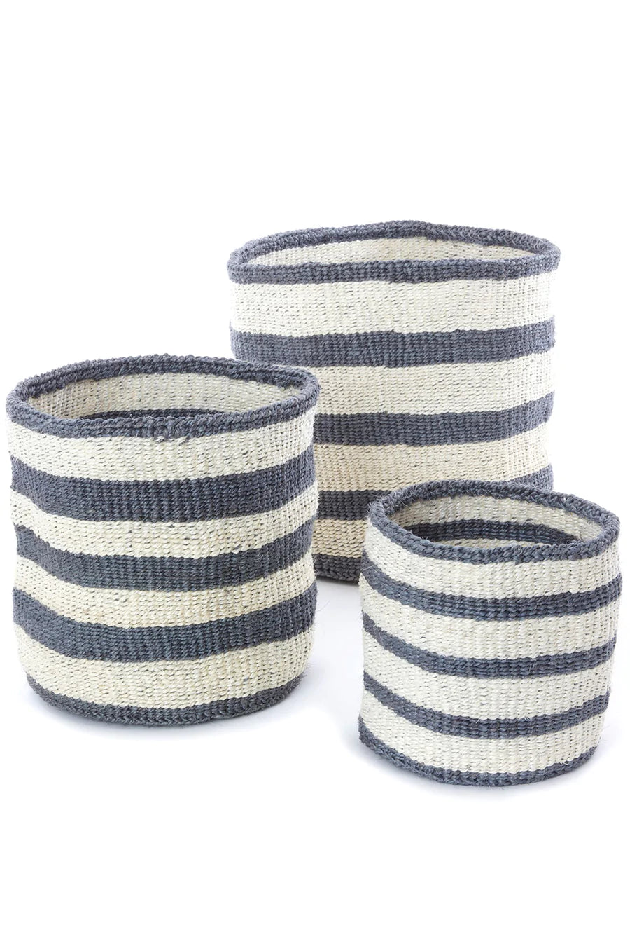 Set of 3 Sisal Bins with Dove Gray Stripes