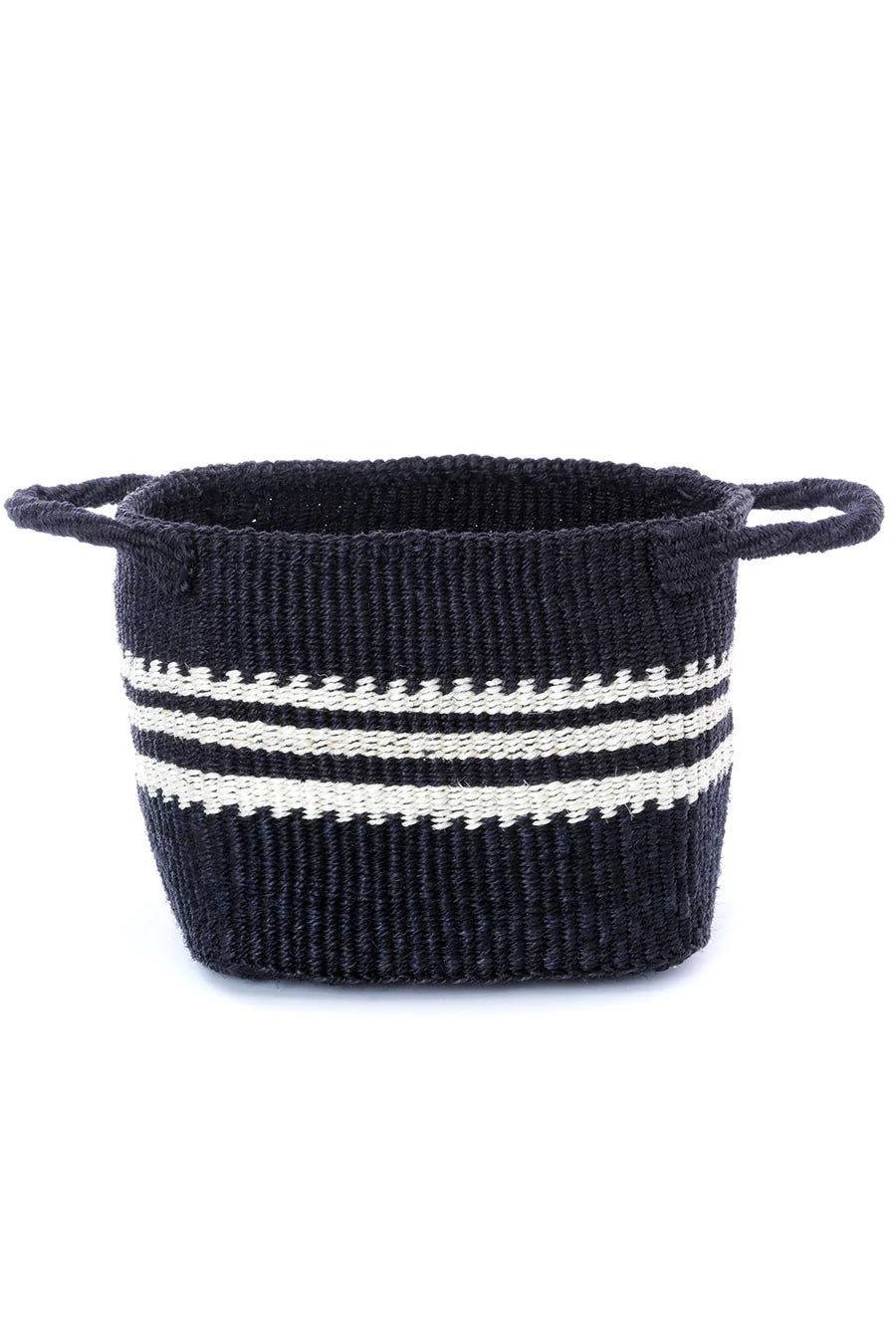 Black Square Bottom Sisal Basket with White Stripes