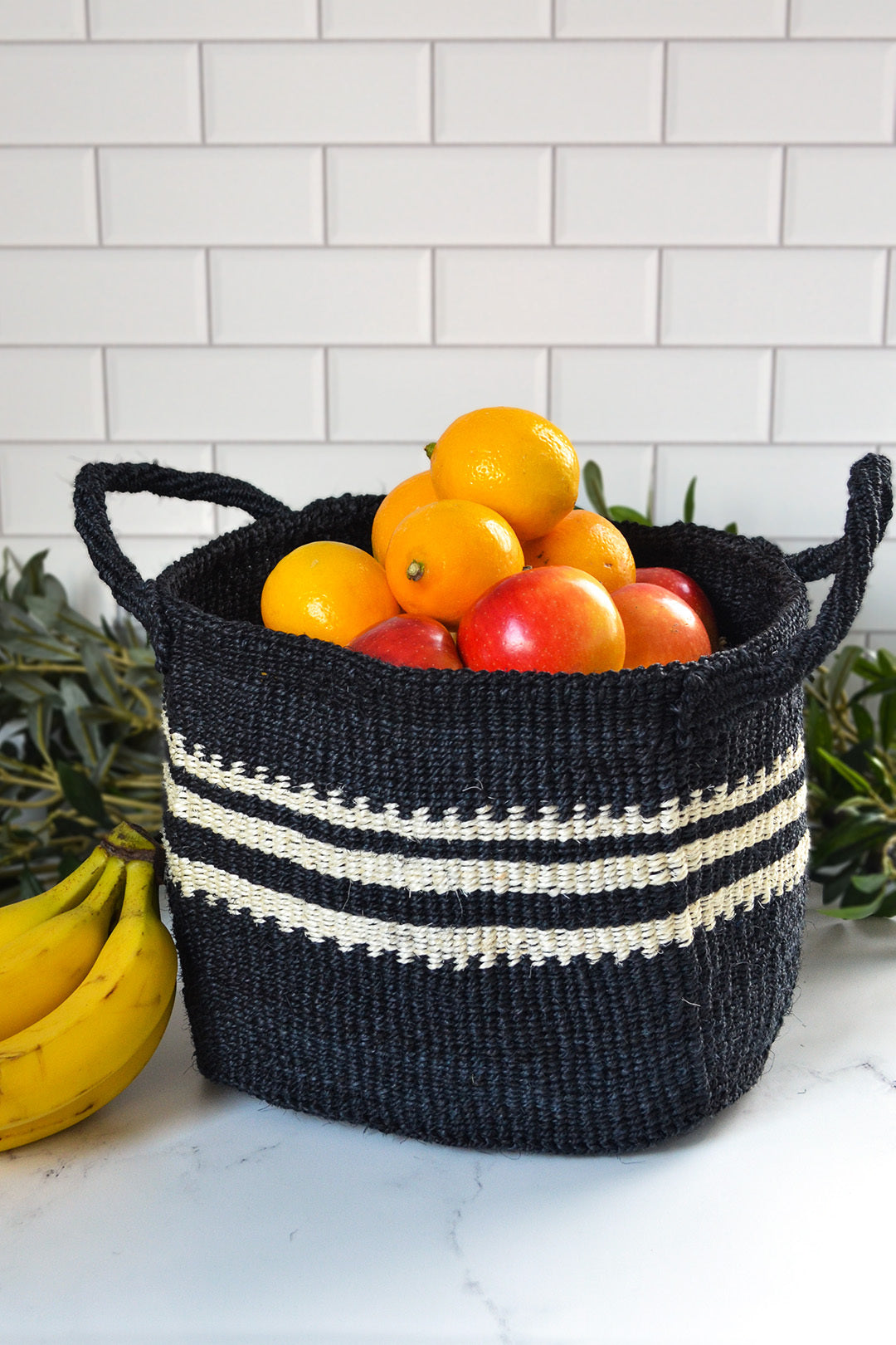 Black Square Bottom Sisal Basket with White Stripes