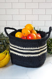 Black Square Bottom Sisal Basket with White Stripes