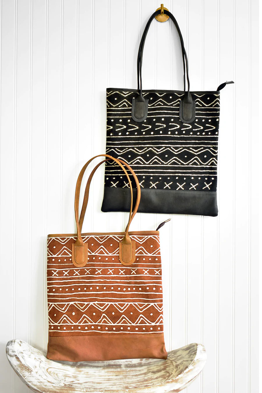 Brown & White Mod Mudcloth & Leather Purse