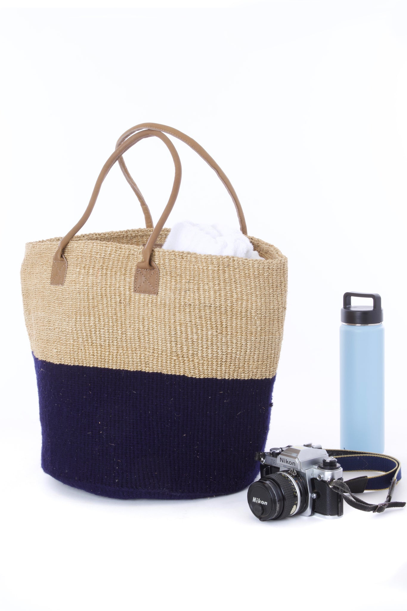 Ink Wool and Sisal Handbag with Leather Handles Default Title