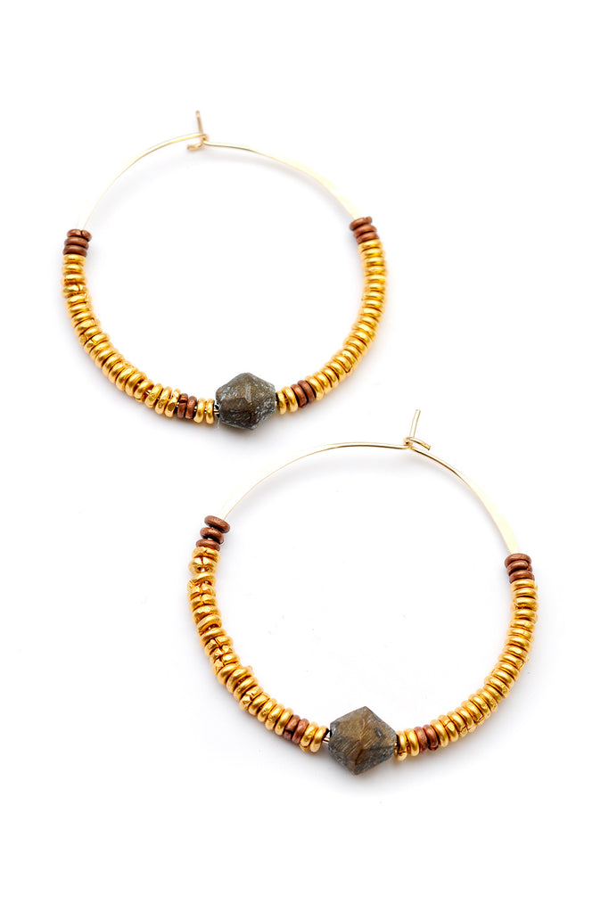 Hammered Hoop Earrings with Gold and Copper Hishi Beads