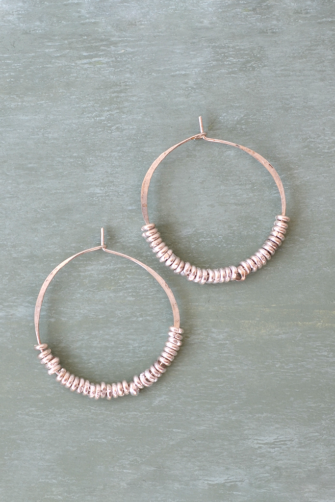 Sterling Silver Hammered Hoop Earrings with Silver Hishi - Small