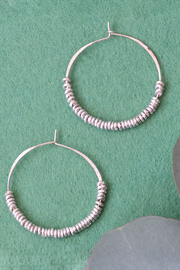 Sterling Silver Hammered Hoop Earrings with Silver Hishi - Large