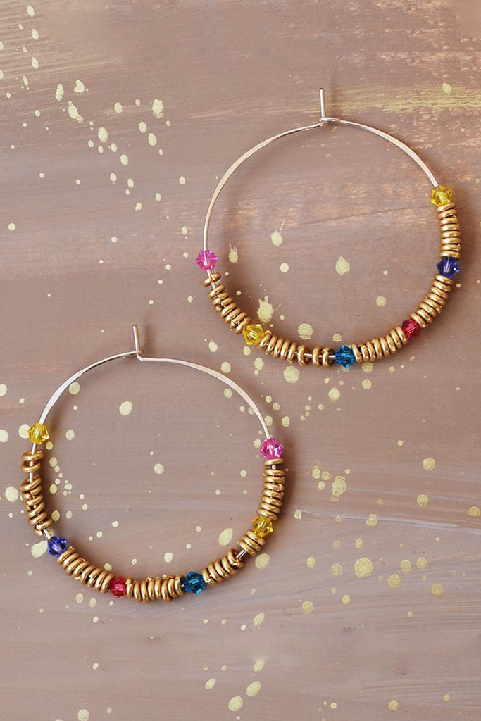 Dangling Handmade Beaded Hoop Earrings (7 Small Beads in Blue)