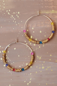 Gold Hammered Hoop Earring with Swarovski Crystals and Hishi