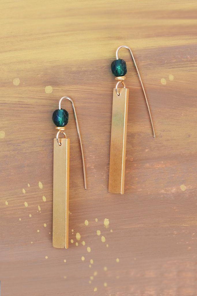 Minimalist Dangle Earring with Green Czech Glass