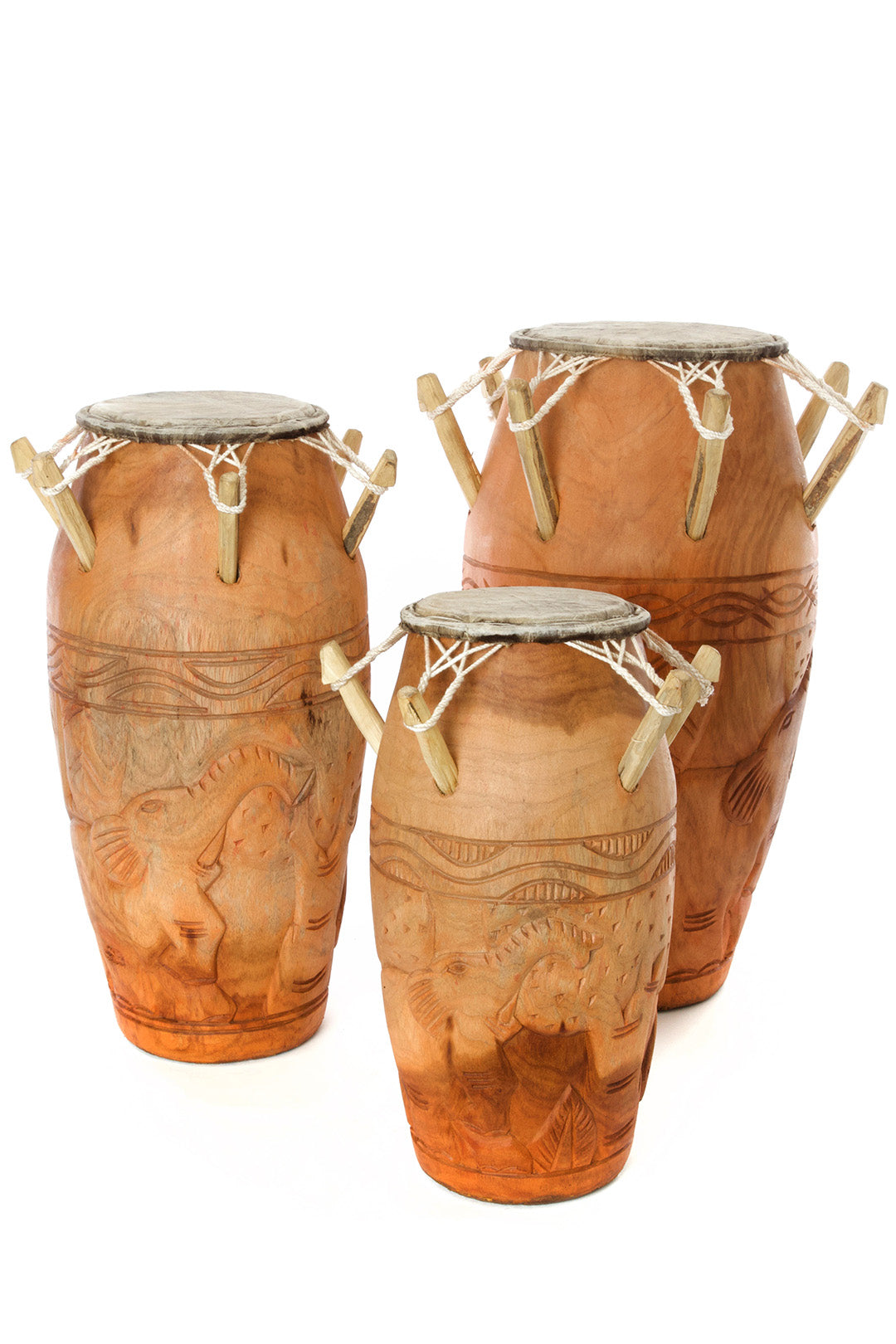 Ghanaian Kpanlogo Drums with Carved Elephant Motif, 3 Sizes