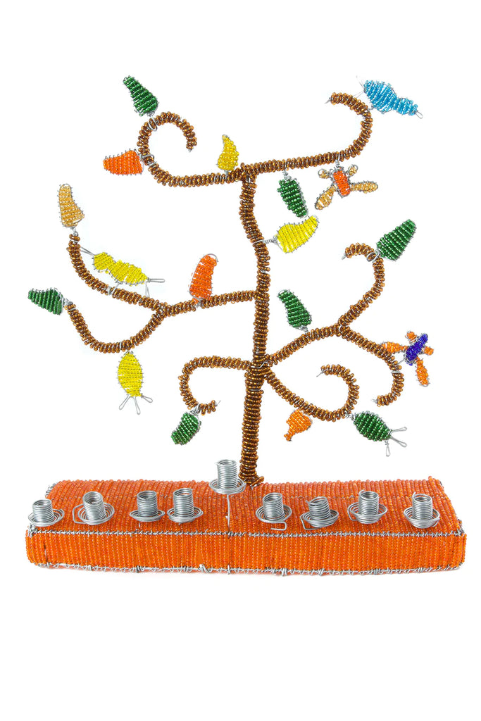 Orange African Tree of Life Beaded Hanukkah Menorah