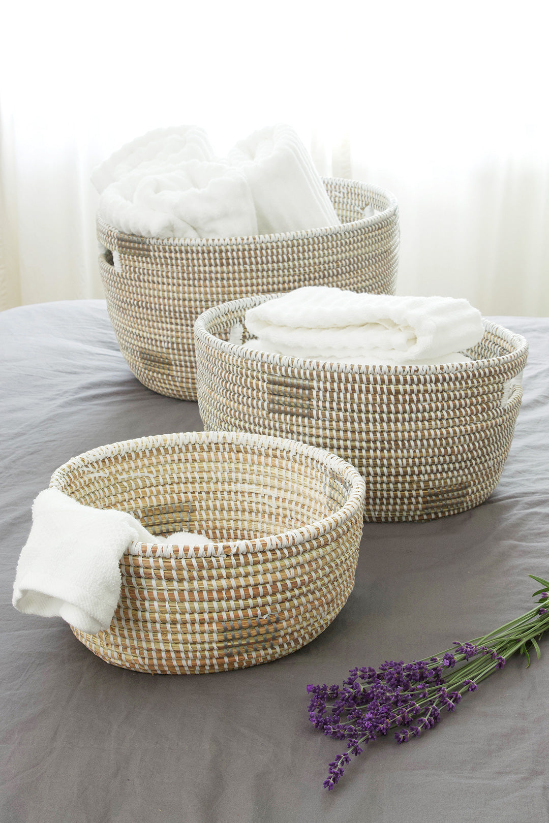 Trio of Nesting Baskets in White with Silver Blocks Default Title