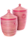Large Pink Hamper Basket with Leather Trim