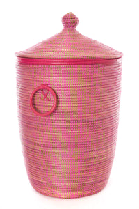 Large Pink Hamper Basket with Leather Trim