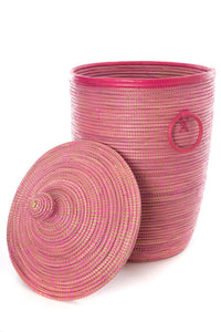 Large Pink Hamper Basket with Leather Trim
