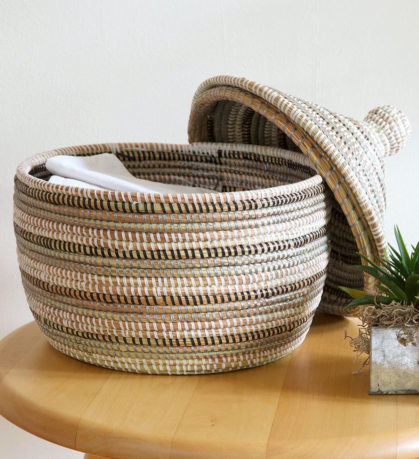 African Fair Trade Handwoven Striped Oval Knitting Basket, Silver/White