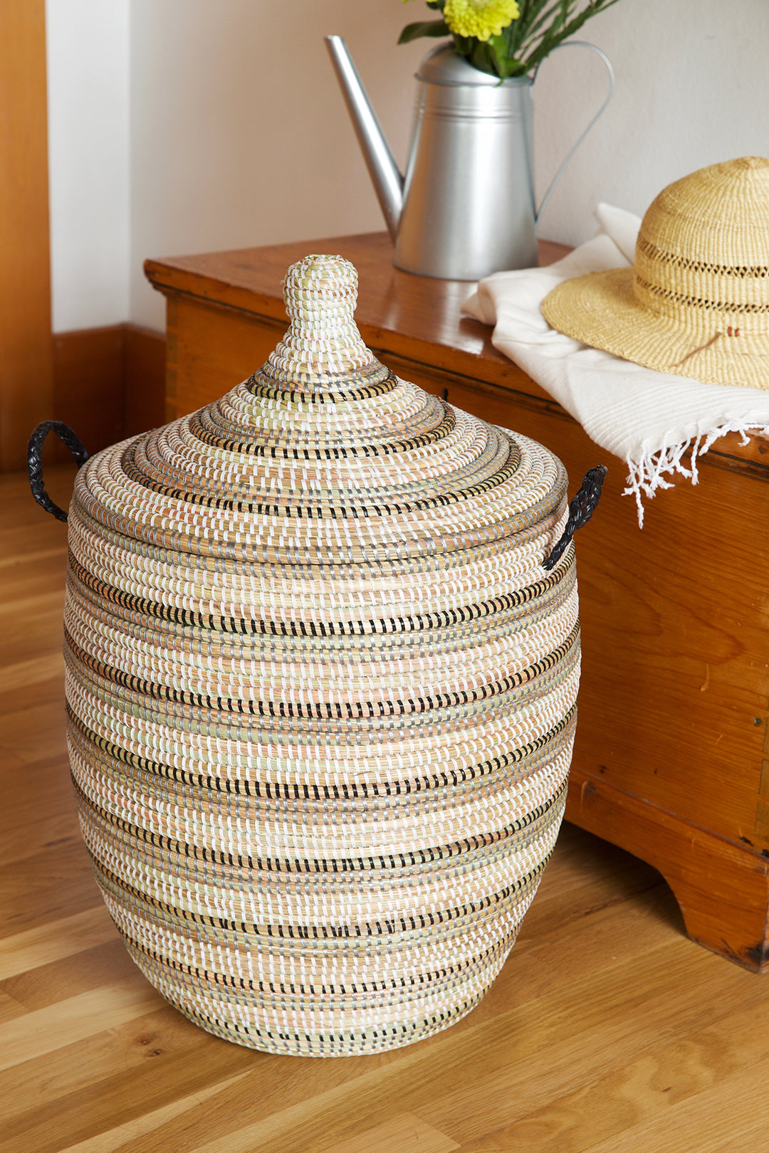 Large Black White Silver Striped Lidded Hamper Senegal
