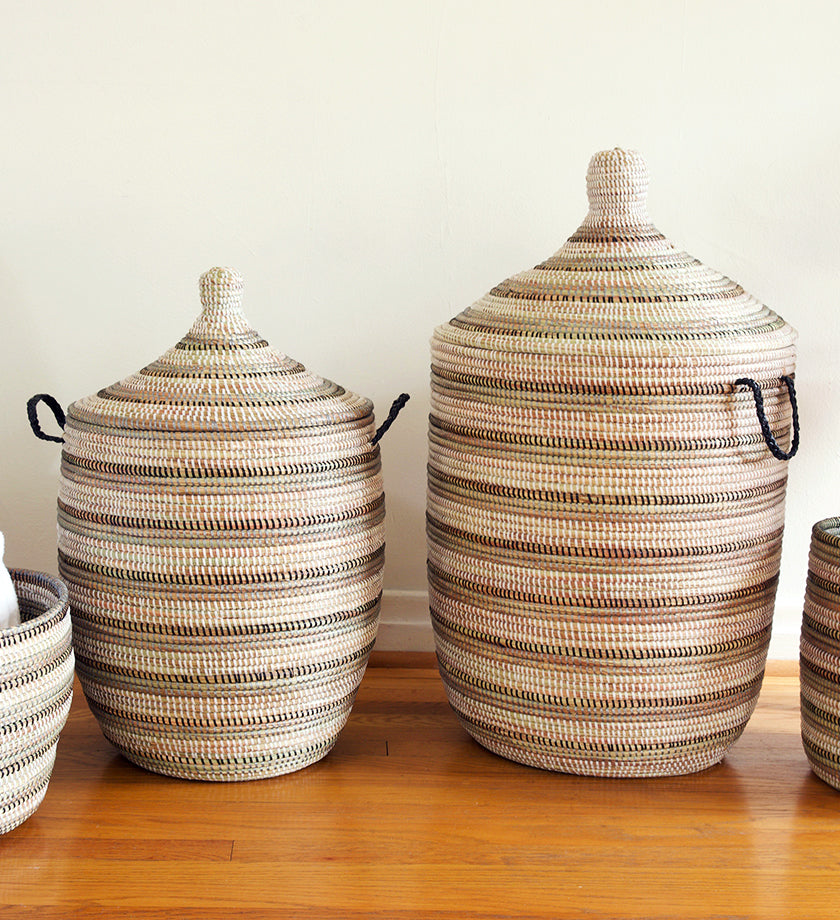 Large Black, White & Silver Striped Lidded African Hamper