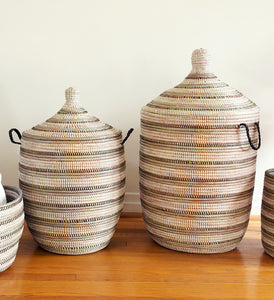 Large Black, White & Silver Striped Lidded African Hamper