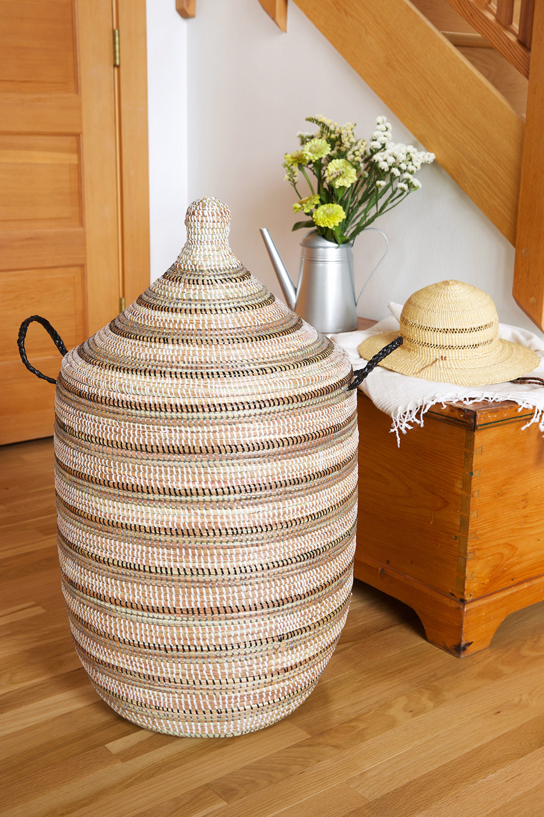 Large Black, White & Silver Striped Lidded Hamper Default Title