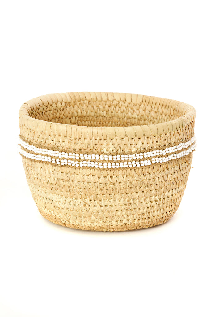 White Beaded Nomadic Camel Milking Baskets Medium Basket with White Beads