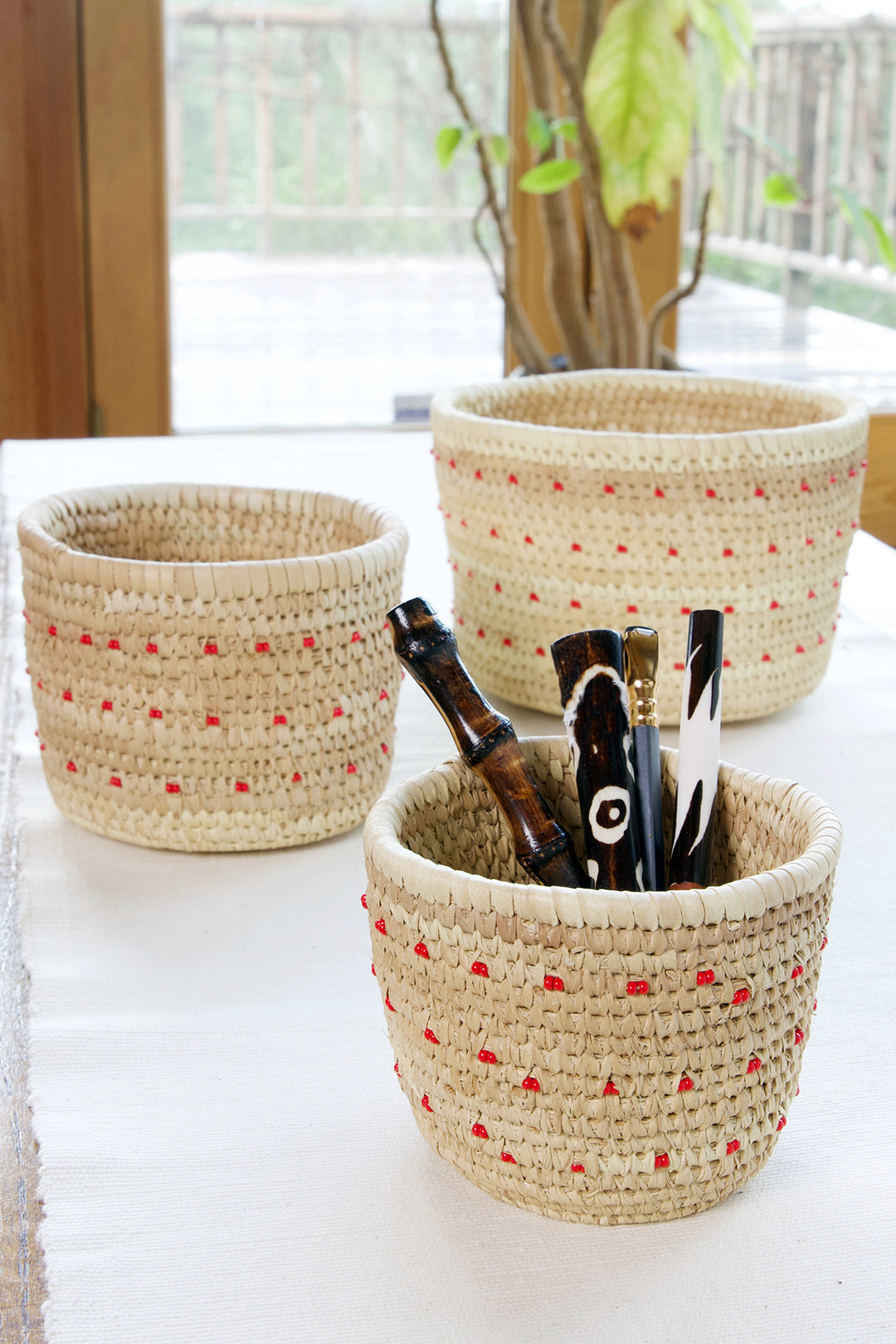 Nomadic Camel Milking Baskets with Red Beads Small Basket with Red Beads